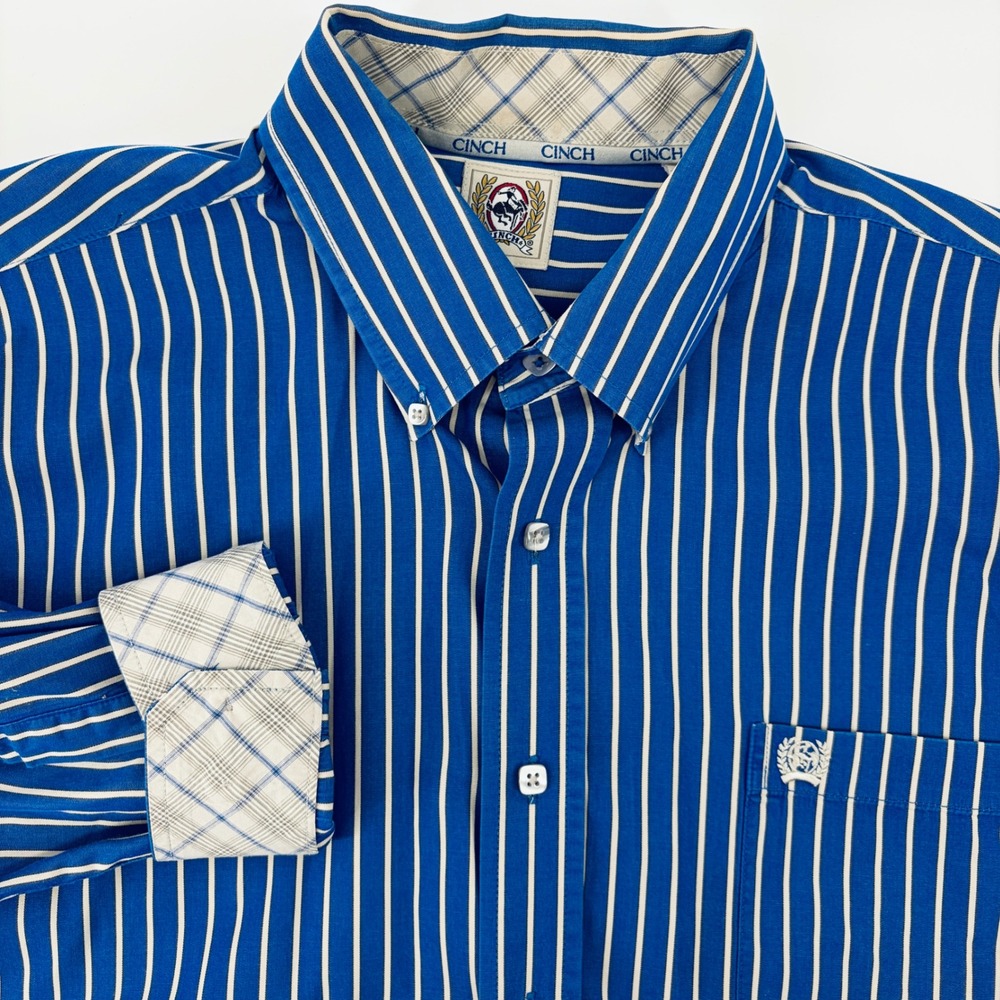 Cinch Mens Shirt Large Stripe Long Sleeve Button Down Blue White Westren